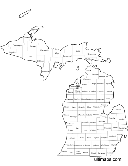 Preview of Labeled Map of Michigan Counties (Letter)