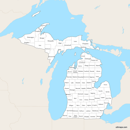 Preview of Labeled Map of Michigan Counties with Surrounding Areas