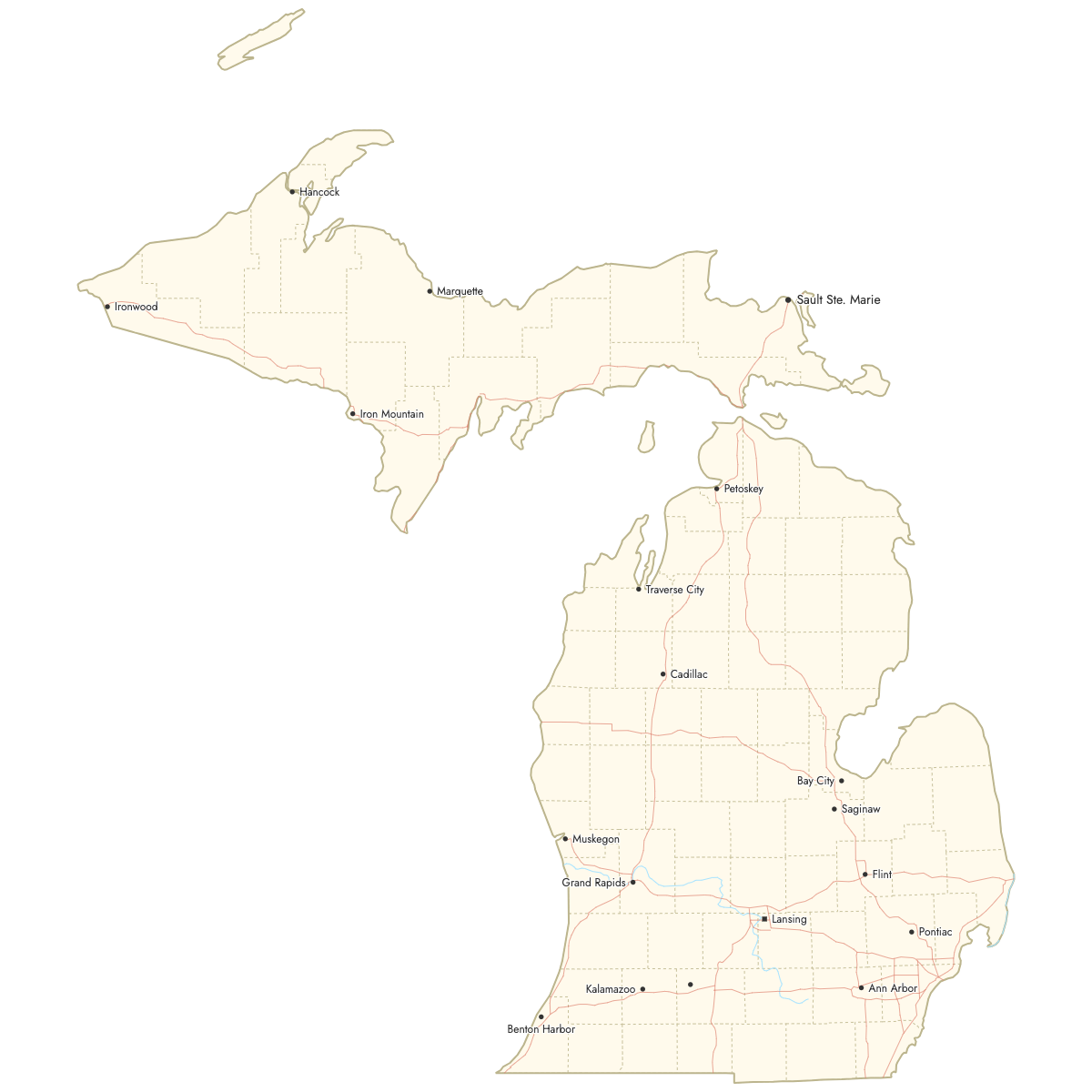 Custom Map of Michigan Counties with Cities