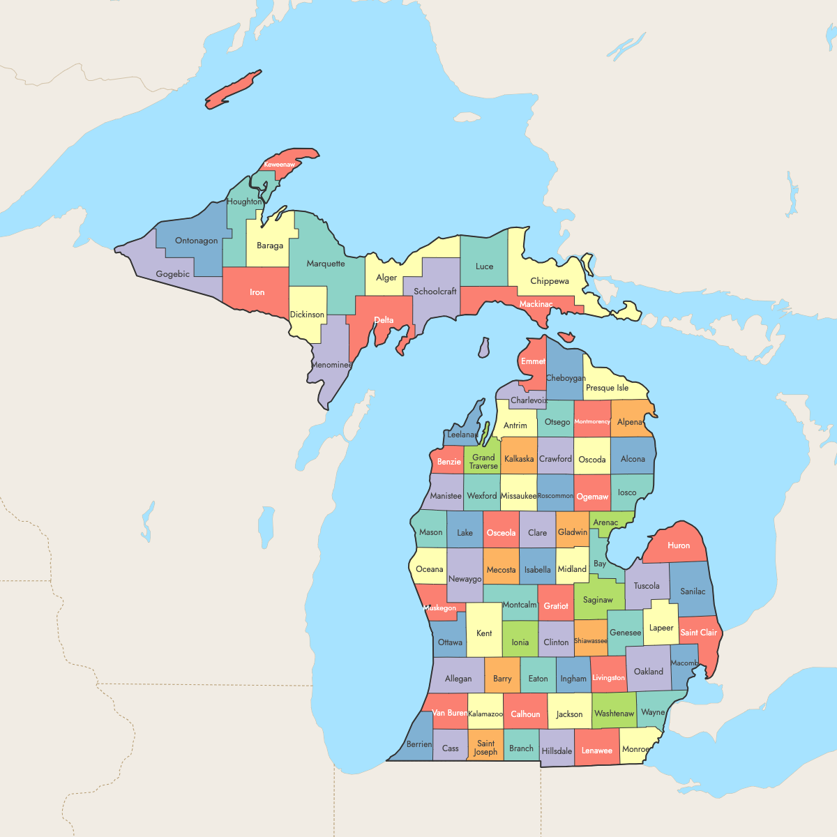 Custom Map of Michigan Counties with Surrounding Areas
