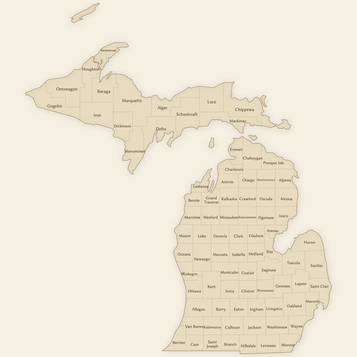 Styled Map of Michigan Counties (Vintage Theme)