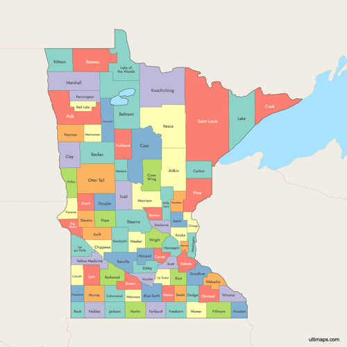Preview of Colored Map of Minnesota Counties with Surrounding Areas