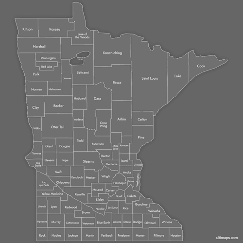 Preview of Labeled Map of Minnesota Counties (Dark)