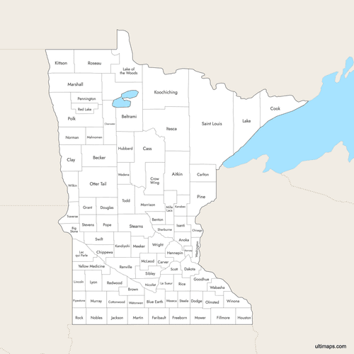 Preview of Labeled Map of Minnesota Counties with Surrounding Areas