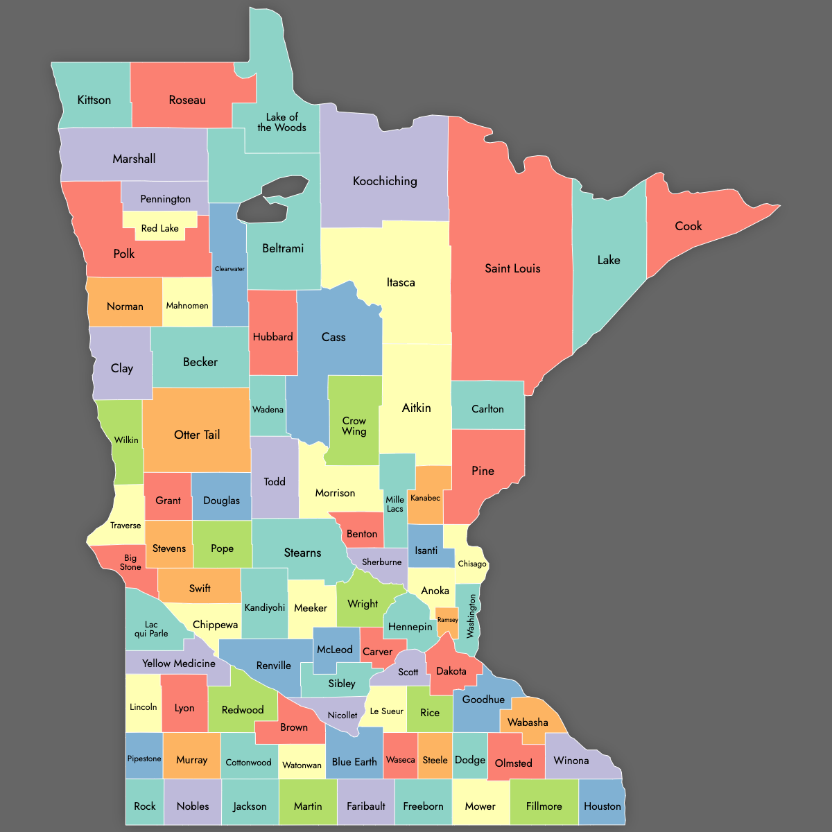 Custom Map of Minnesota Counties with Labels (Dark Theme)