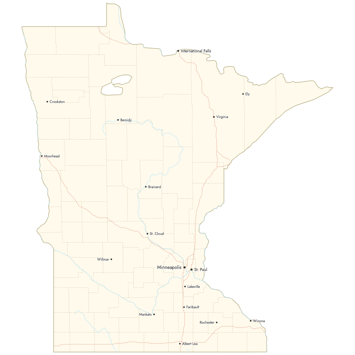 Custom Map of Minnesota Counties with Cities