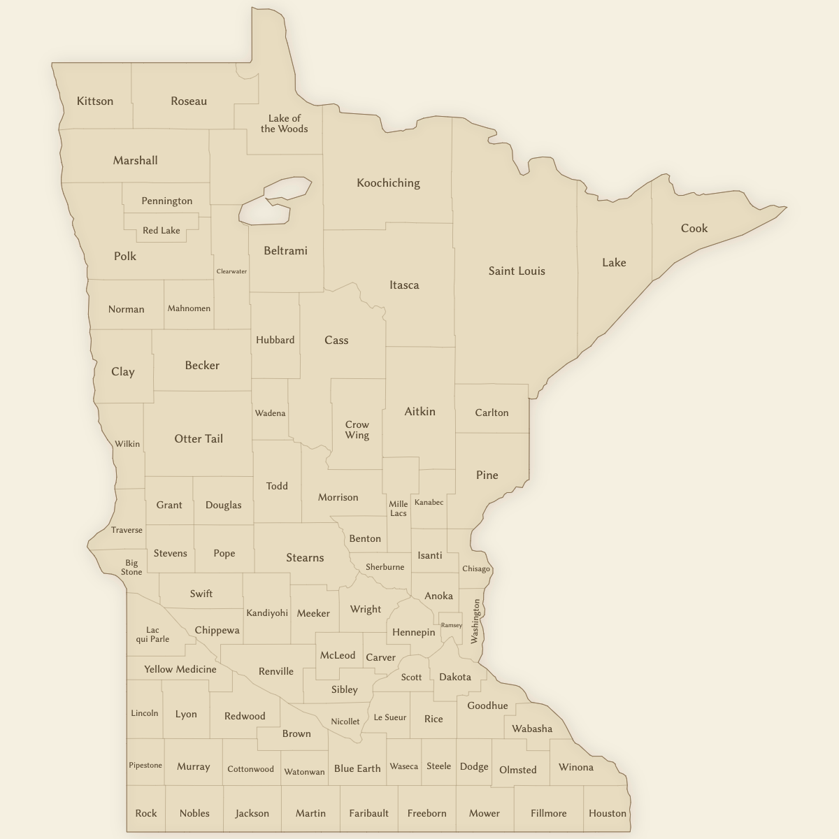 Styled Map of Minnesota Counties (Vintage Theme)