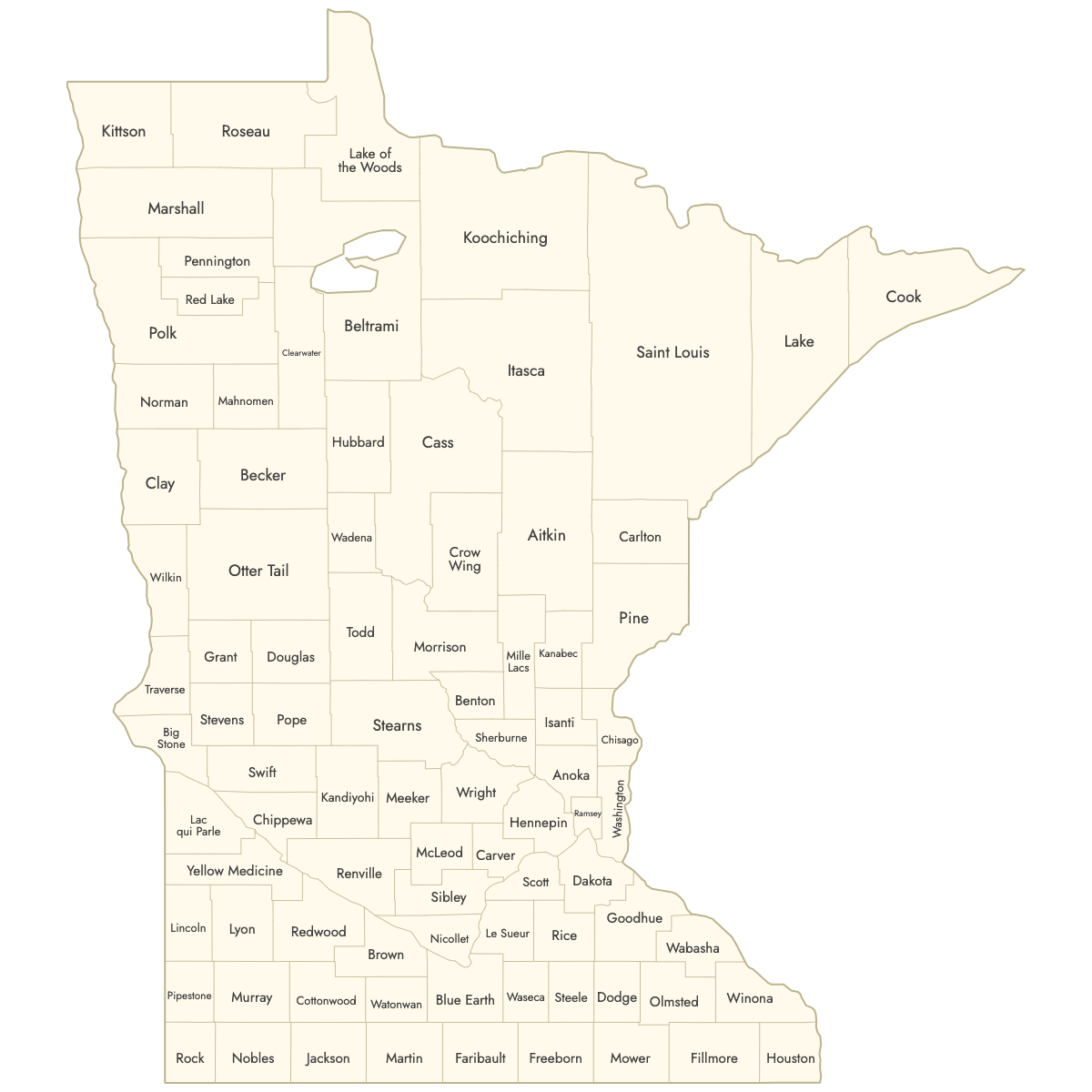 Unstyled Map of Minnesota Counties With Labels