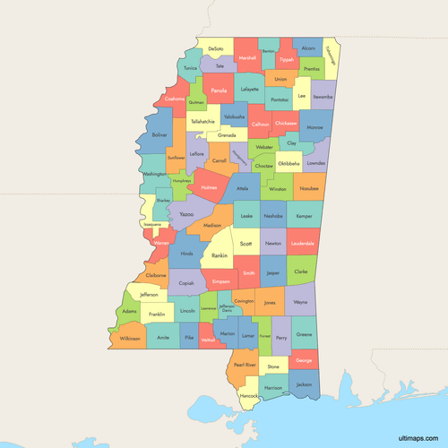 Preview of Colored Map of Mississippi Counties with Surrounding Areas