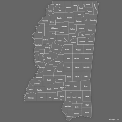 Preview of Labeled Map of Mississippi Counties (Dark)
