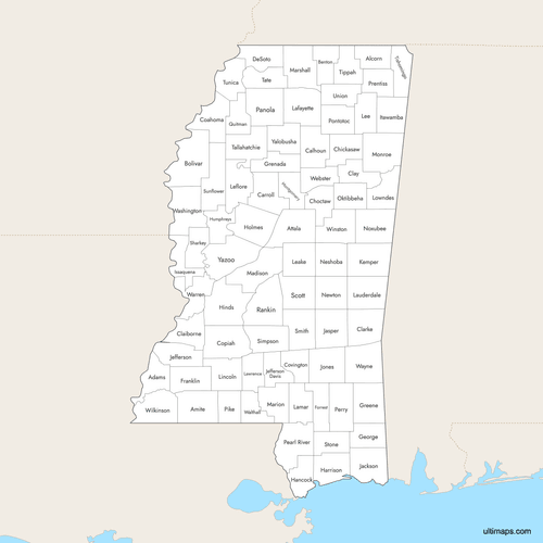 Preview of Labeled Map of Mississippi Counties with Surrounding Areas