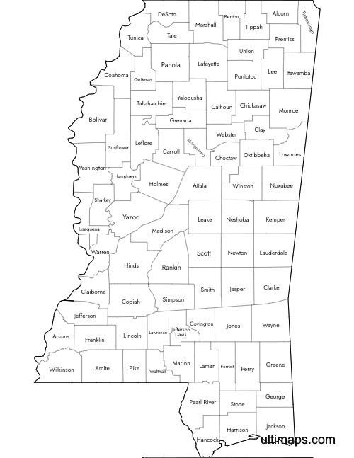 Preview of Labeled Map of Mississippi Counties (Letter)