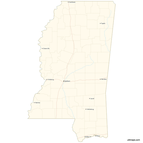 Preview of Map of Mississippi Counties with Cities