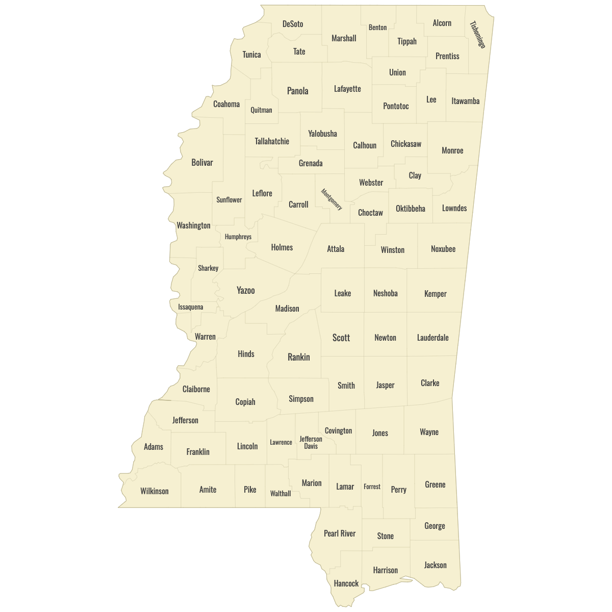 Blank Map of Mississippi Counties With Labels