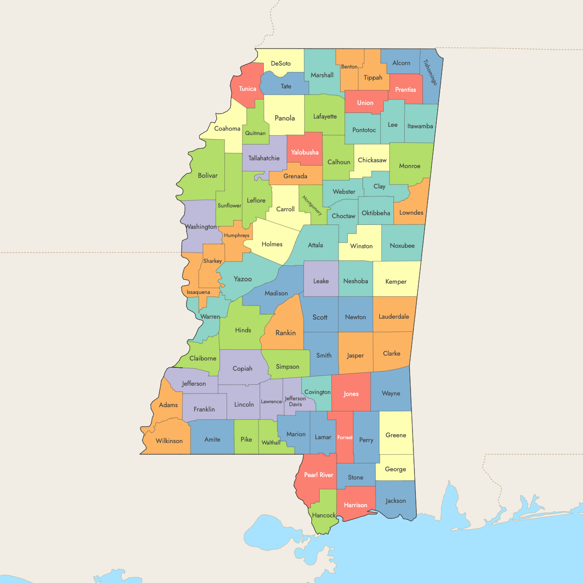Map of Mississippi Counties with surrounding areas