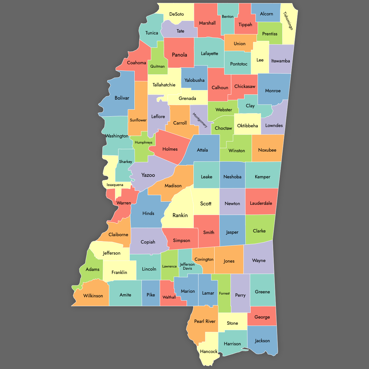 Custom Map of Mississippi Counties with Labels (Dark Theme)