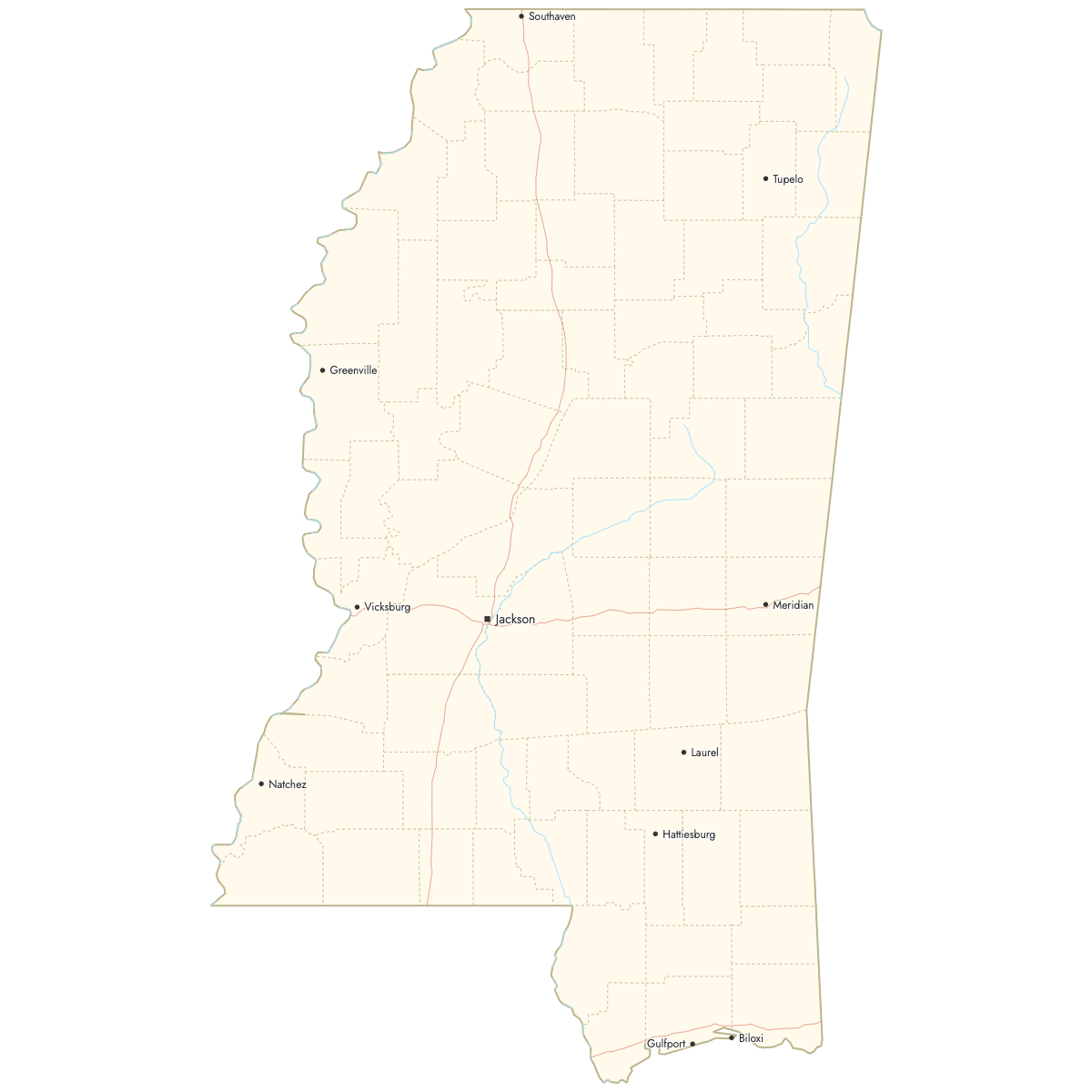 Custom Map of Mississippi Counties with Cities