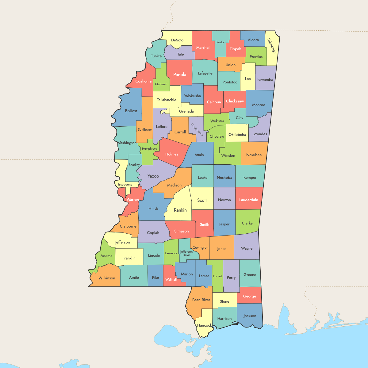 Custom Map of Mississippi Counties with Surrounding Areas