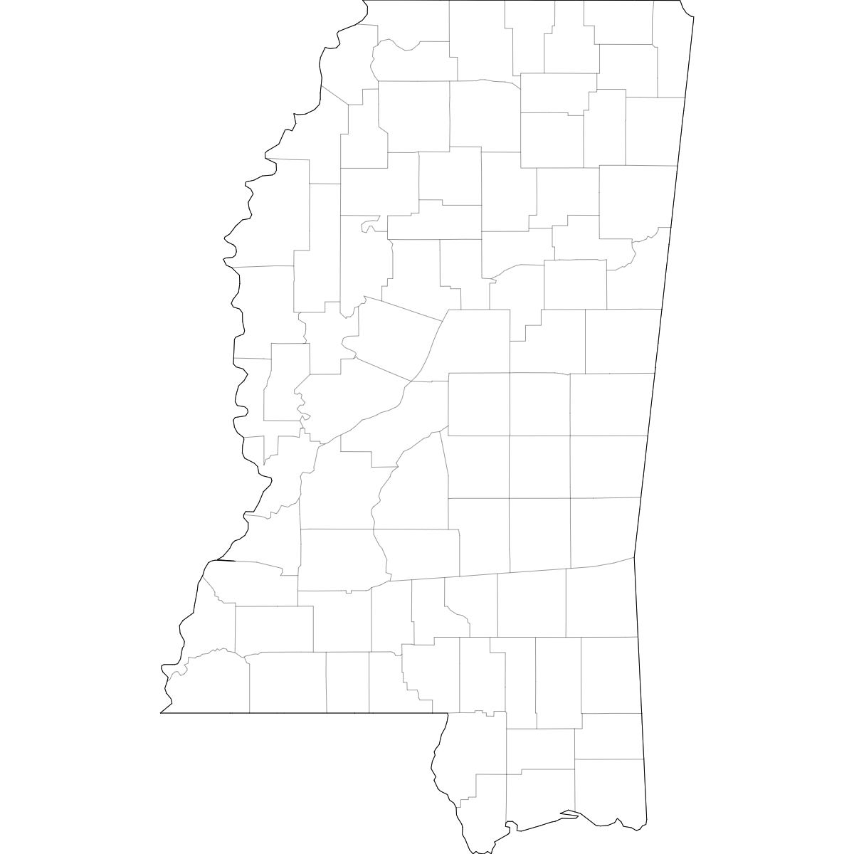 Blank outline map of Mississippi showing county borders