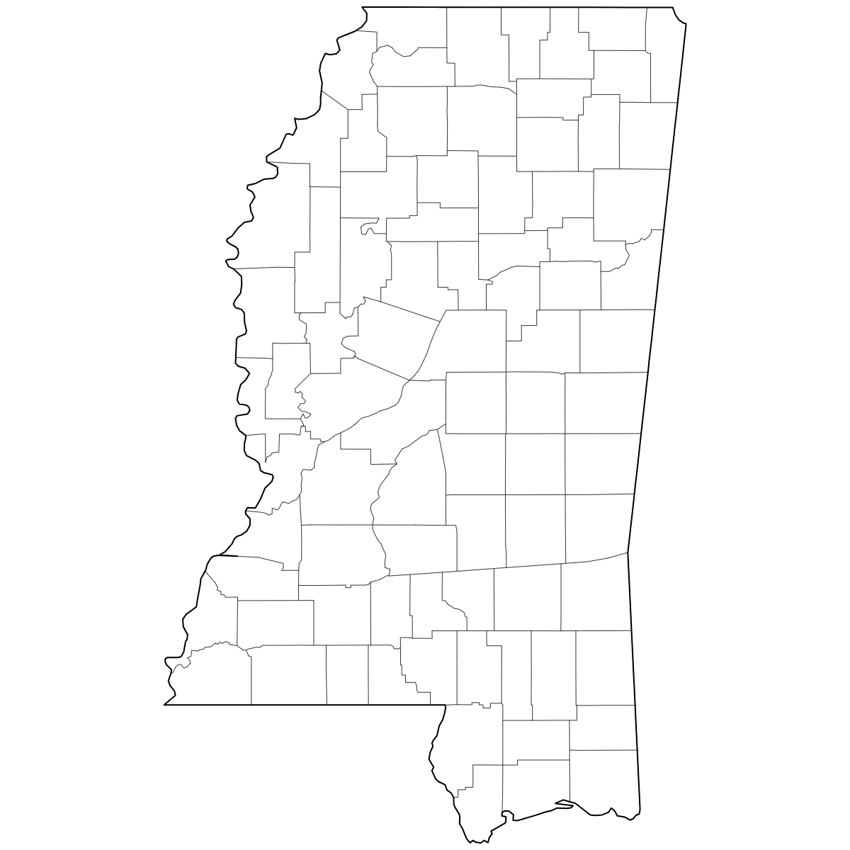 Outlined Map of Mississippi Counties