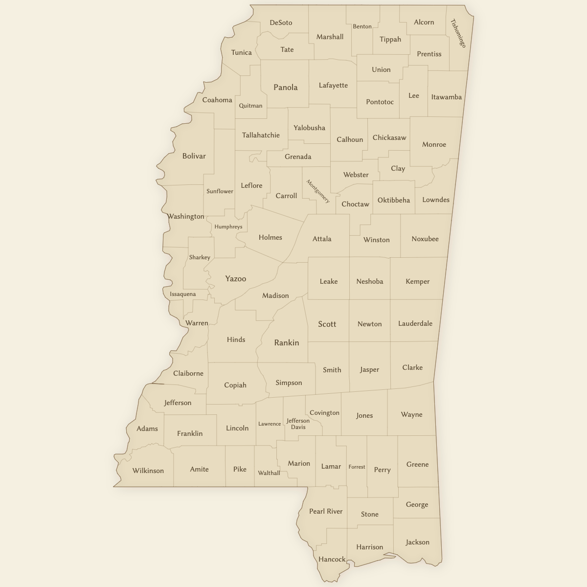 Styled Map of Mississippi Counties (Vintage Theme)