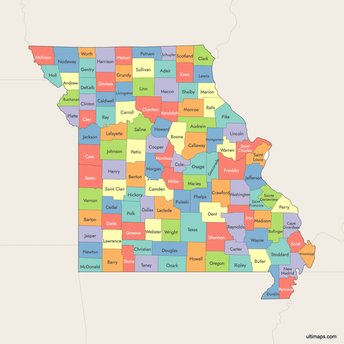 Preview of Colored Map of Missouri Counties with Surrounding Areas