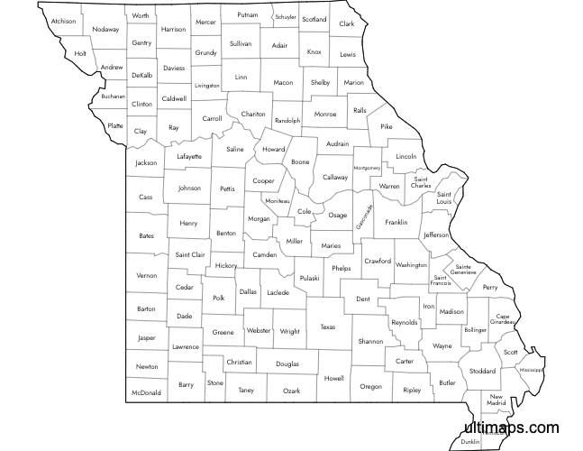 Preview of Labeled Map of Missouri Counties (A4)