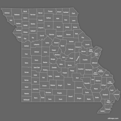 Preview of Labeled Map of Missouri Counties (Dark)