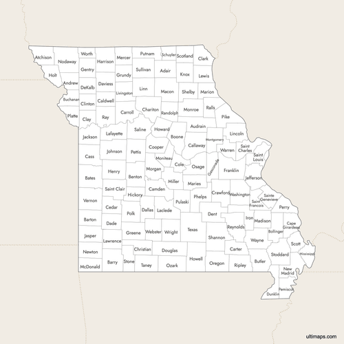 Preview of Labeled Map of Missouri Counties with Surrounding Areas