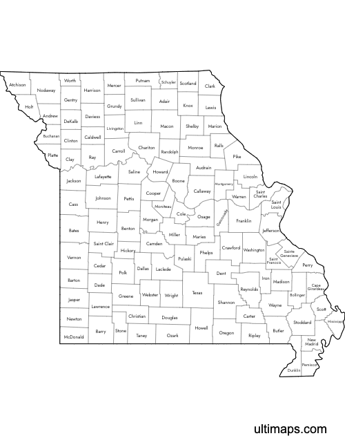 Preview of Labeled Map of Missouri Counties (Letter)