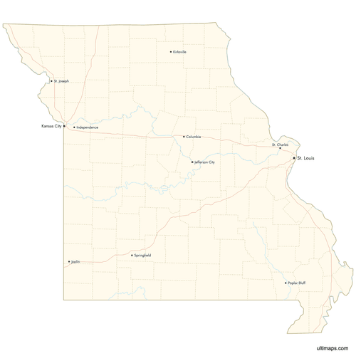 Preview of Map of Missouri Counties with Cities