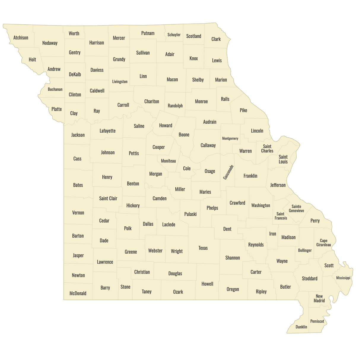 Blank Map of Missouri Counties With Labels
