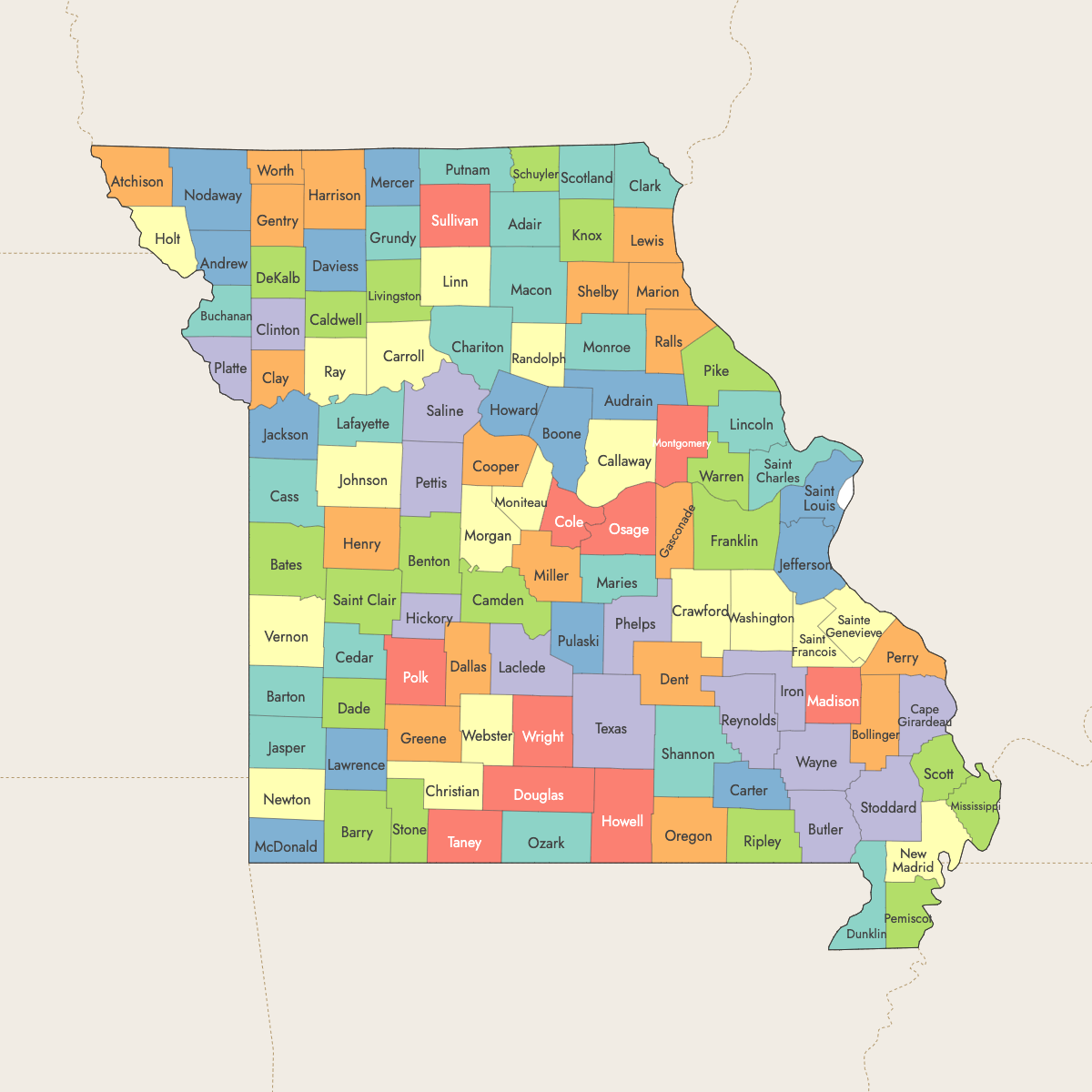 Map of Missouri Counties with surrounding areas