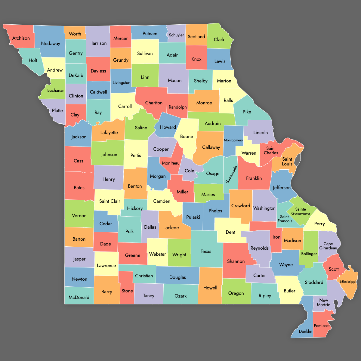 Custom Map of Missouri Counties with Labels (Dark Theme)
