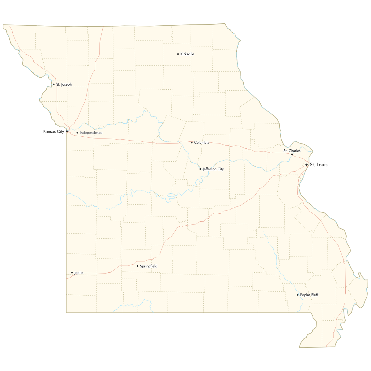 Custom Map of Missouri Counties with Cities