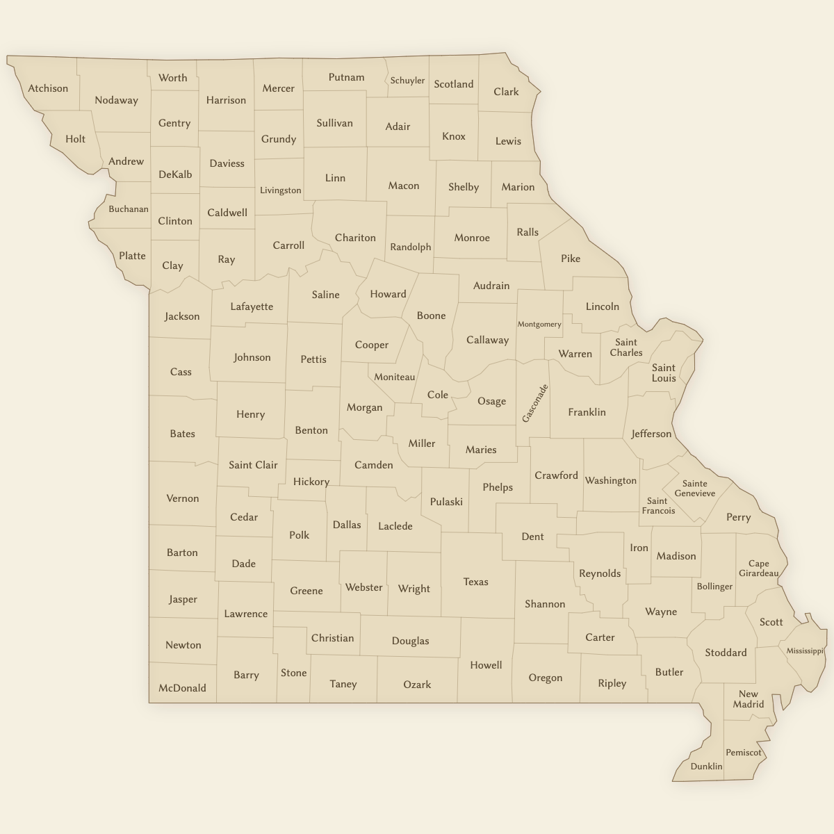 Styled Map of Missouri Counties (Vintage Theme)