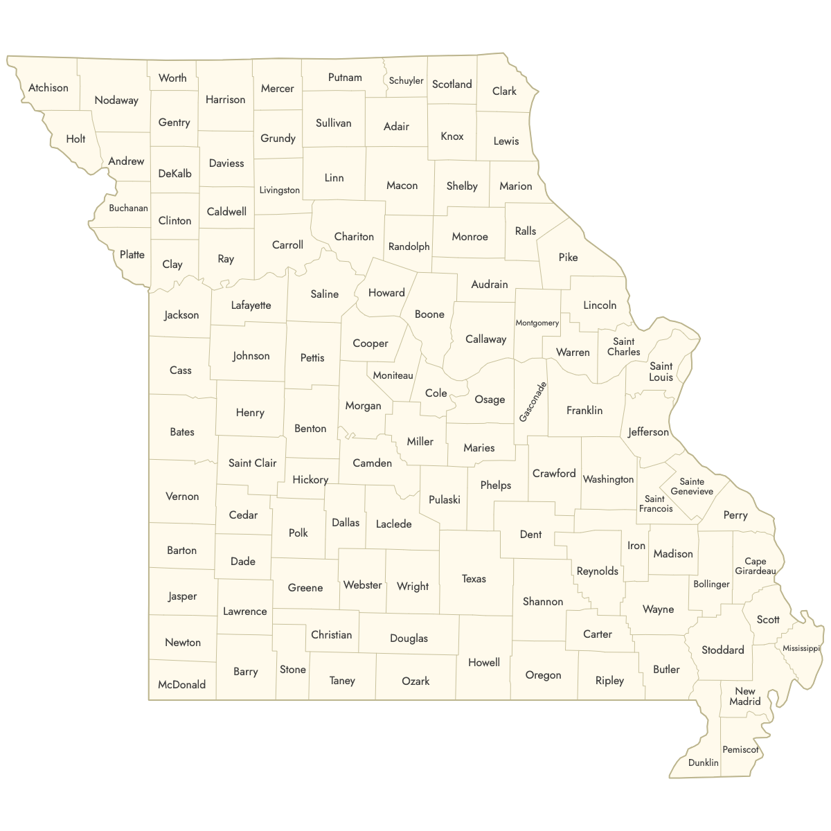 Unstyled Map of Missouri Counties With Labels