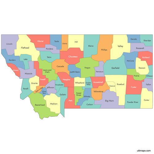 Preview of Labeled Map of Montana Counties