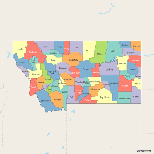 Preview of Colored Map of Montana Counties with Surrounding Areas