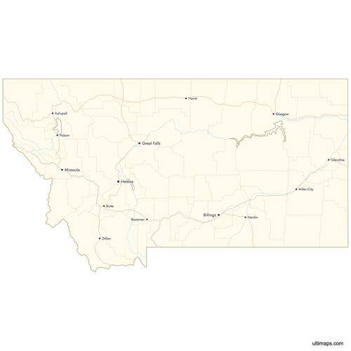 Preview of Map of Montana Counties with Cities