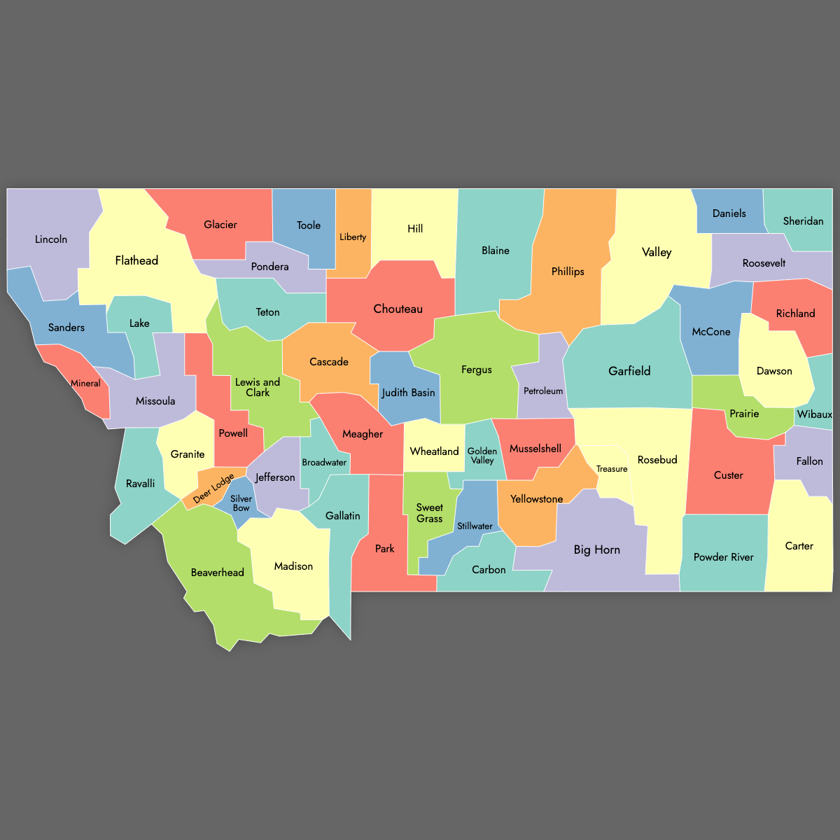 Custom Map of Montana Counties with Labels (Dark Theme)