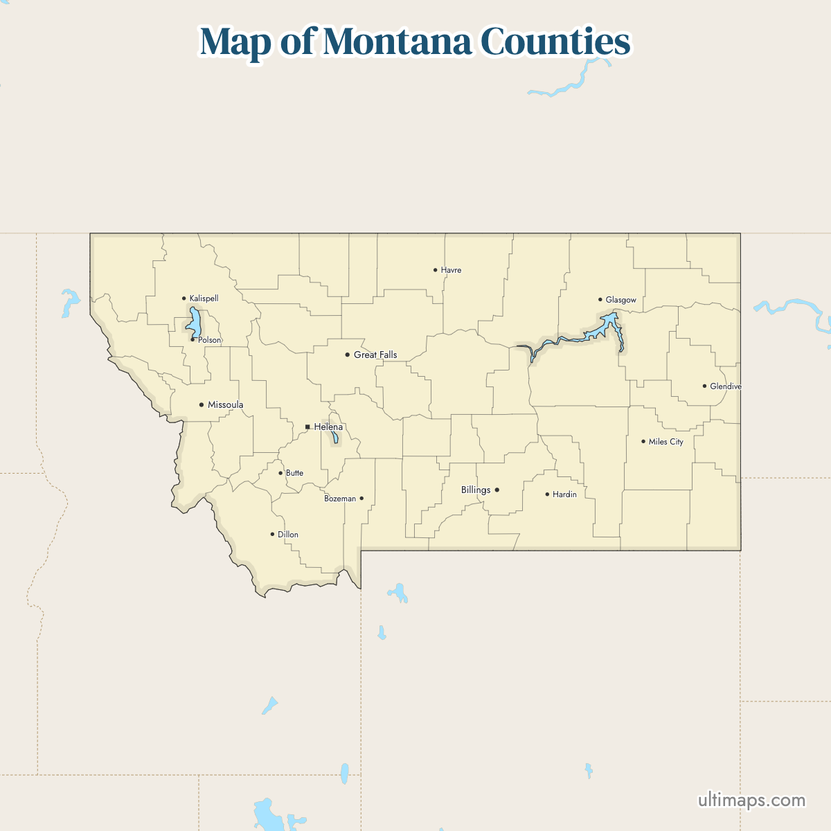 Map of Montana Counties showing county borders