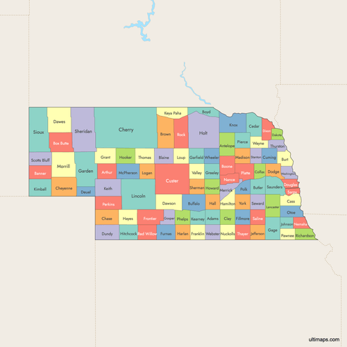 Preview of Colored Map of Nebraska Counties with Surrounding Areas