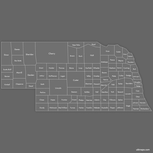 Preview of Labeled Map of Nebraska Counties (Dark)