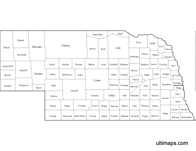 Preview of Labeled Map of Nebraska Counties (Letter)