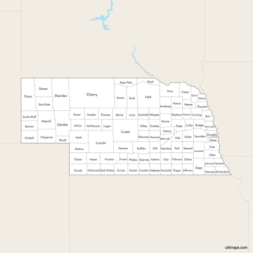 Preview of Labeled Map of Nebraska Counties with Surrounding Areas