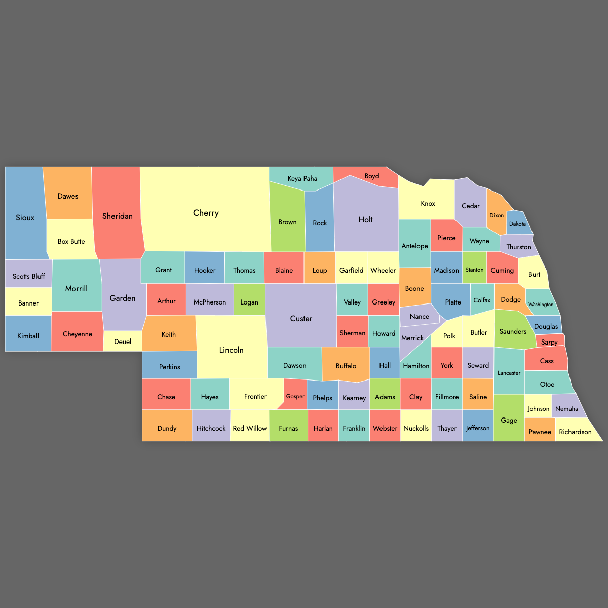 Custom Map of Nebraska Counties with Labels (Dark Theme)