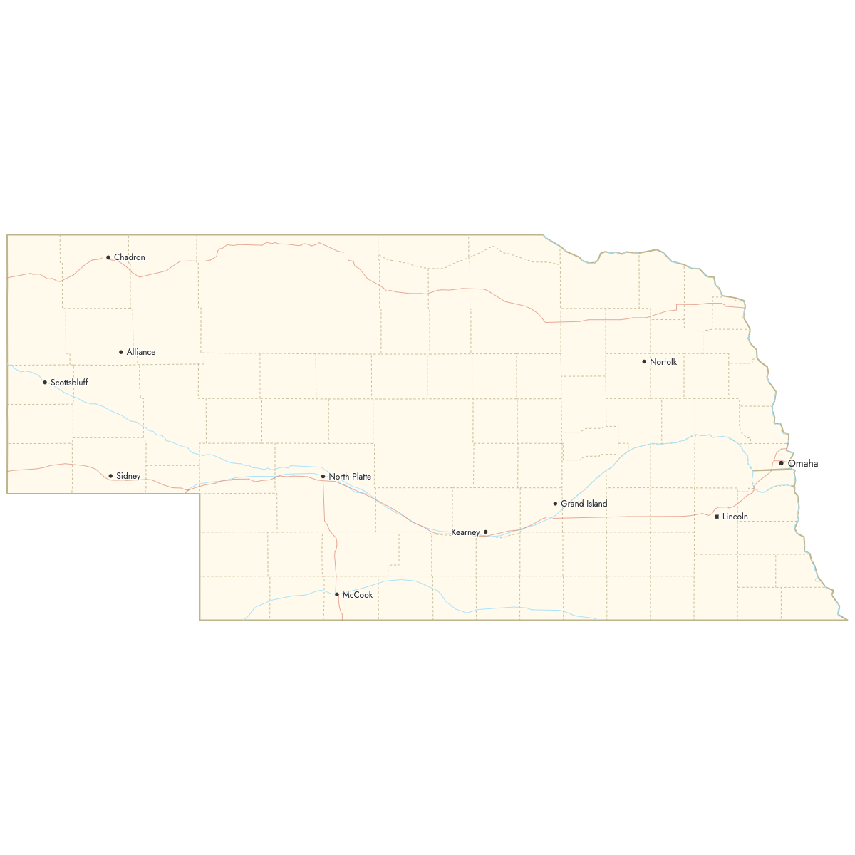 Custom Map of Nebraska Counties with Cities
