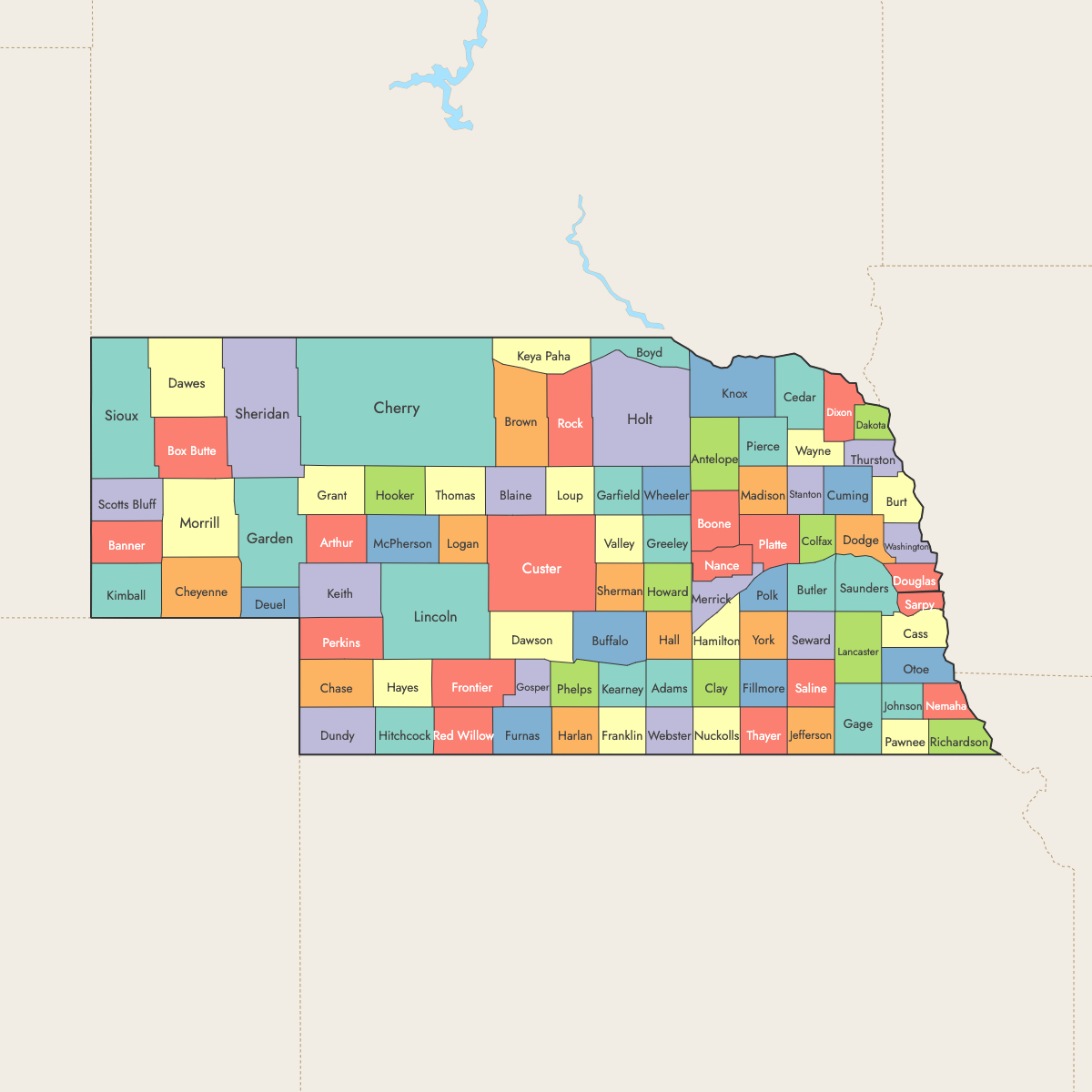 Custom Map of Nebraska Counties with Surrounding Areas