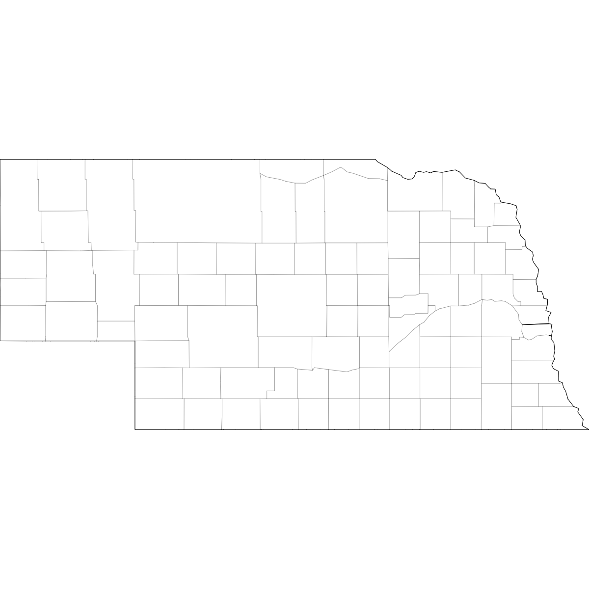 Blank outline map of Nebraska showing county borders